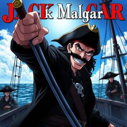 A dark anime cover titled 'Jack Malgar', featuring an evil pirate with a sinister smile