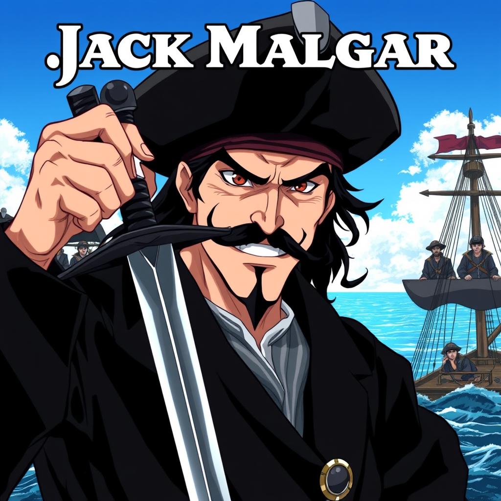 A dark anime cover titled 'Jack Malgar', featuring an evil pirate with a sinister smile