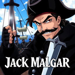 A dark anime cover titled 'Jack Malgar', featuring an evil pirate with a sinister smile