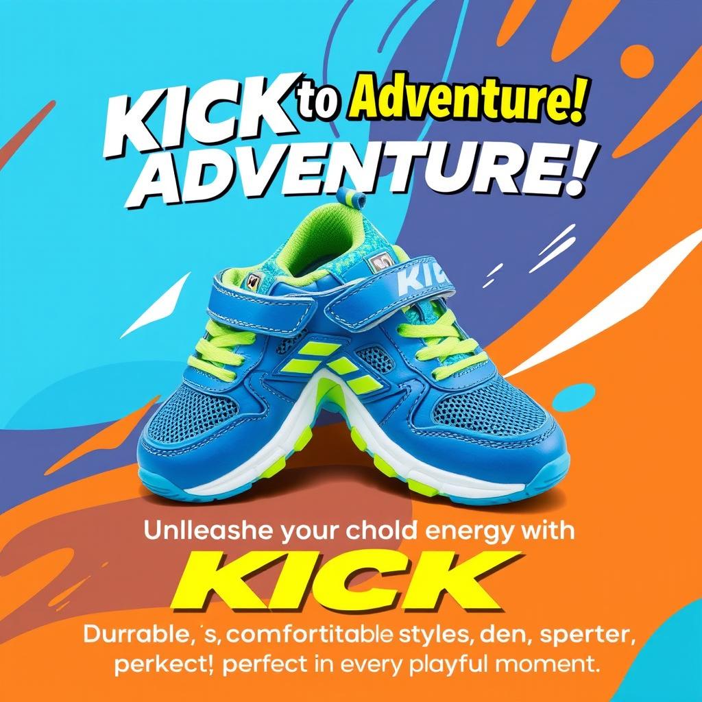 A vibrant and colorful poster design showcasing a trendy pair of kids' sneakers from the KICK brand