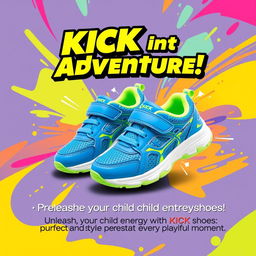 A vibrant and colorful poster design showcasing a trendy pair of kids' sneakers from the KICK brand