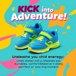 A vibrant and colorful poster design showcasing a trendy pair of kids' sneakers from the KICK brand