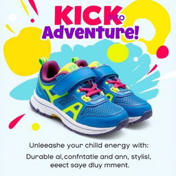 A vibrant and colorful poster design showcasing a trendy pair of kids' sneakers from the KICK brand