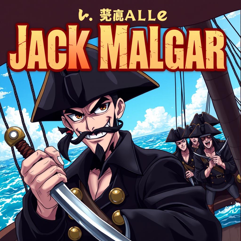 A dark anime cover titled 'Jack Malgar', featuring an evil pirate with a sinister smile, holding a sword