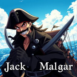 A dark anime cover titled 'Jack Malgar', featuring an evil pirate with a sinister smile, holding a sword