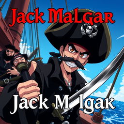 A dark anime cover titled 'Jack Malgar', featuring an evil pirate with a sinister smile, holding a sword