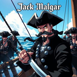 A dark anime cover titled 'Jack Malgar', featuring an evil pirate with a sinister smile, holding a sword