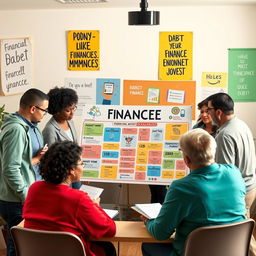 A visually engaging educational scene representing financial education for beginners and people in debt