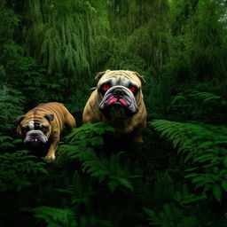 Menacing bulldogs with red eyes and mean faces, standing assertively amidst the dense greenery of a forest.