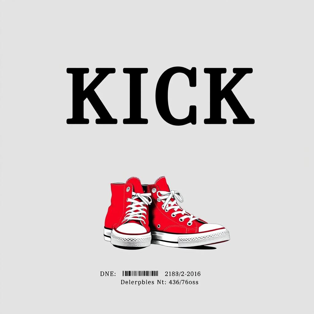 A vertical rectangle grey blank canvas featuring the bold black word "KICK" prominently displayed at the top in a stylish font