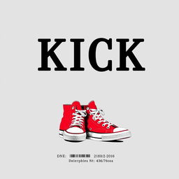 A vertical rectangle grey blank canvas featuring the bold black word "KICK" prominently displayed at the top in a stylish font