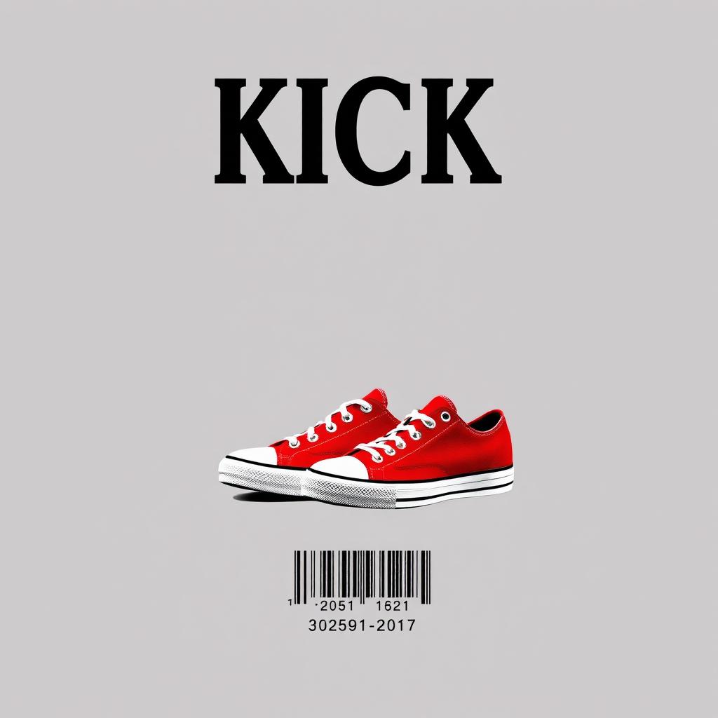 A vertical rectangle grey blank canvas featuring the bold black word "KICK" prominently displayed at the top in a stylish font