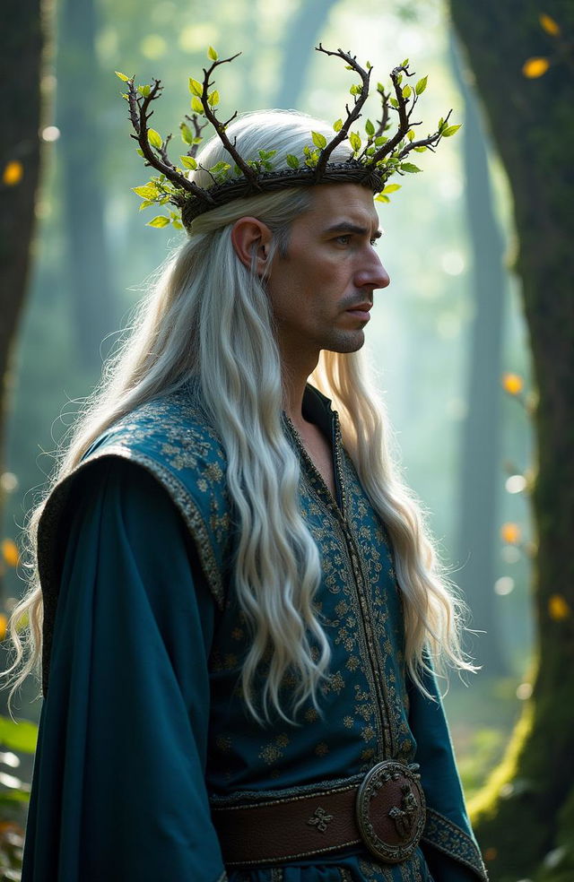 A high-resolution live-action portrayal of King Thranduil from The Hobbit, depicted with his majestic crown made of intertwined branches and leaves