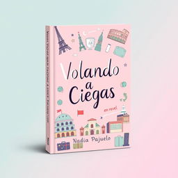 A whimsical and cute book cover for a novel titled "Volando a Ciegas" by Nadia Pajuelo