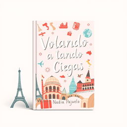 A whimsical and cute book cover for a novel titled "Volando a Ciegas" by Nadia Pajuelo