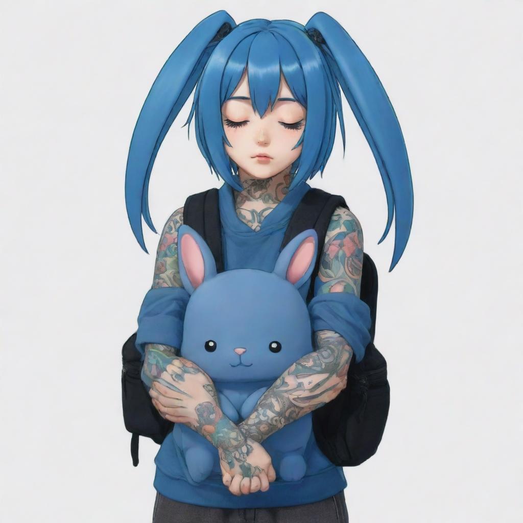 Generate an anime character with blue hair covering the eyes, featuring half of the body filled with tattoos. They are carrying a blue rabbit shaped backpack and their hands are in a prayer position.