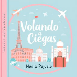 A cute book cover titled "Volando a Ciegas", showcasing iconic monuments like the Eiffel Tower, Colosseum, and Taj Mahal, along with travel icons such as airplanes and suitcases