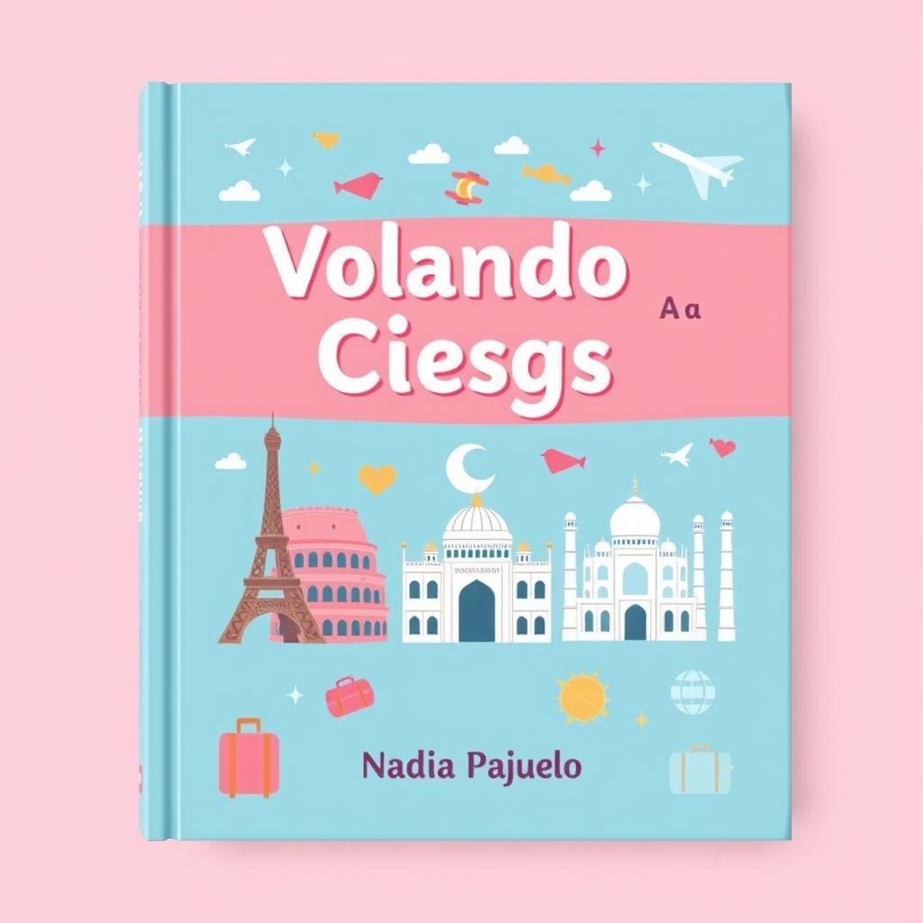 A cute book cover titled "Volando a Ciegas", showcasing iconic monuments like the Eiffel Tower, Colosseum, and Taj Mahal, along with travel icons such as airplanes and suitcases