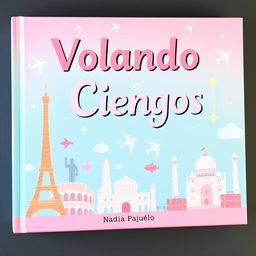 A cute book cover titled "Volando a Ciegas", showcasing iconic monuments like the Eiffel Tower, Colosseum, and Taj Mahal, along with travel icons such as airplanes and suitcases