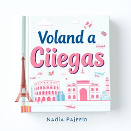 A cute book cover titled "Volando a Ciegas", showcasing iconic monuments like the Eiffel Tower, Colosseum, and Taj Mahal, along with travel icons such as airplanes and suitcases