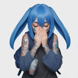 Generate an anime character with blue hair covering the eyes, featuring half of the body filled with tattoos. They are carrying a blue rabbit shaped backpack and their hands are in a prayer position.