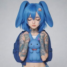 Generate an anime character with blue hair covering the eyes, featuring half of the body filled with tattoos. They are carrying a blue rabbit shaped backpack and their hands are in a prayer position.