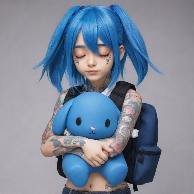 Generate an anime character with blue hair covering the eyes, featuring half of the body filled with tattoos. They are carrying a blue rabbit shaped backpack and their hands are in a prayer position.