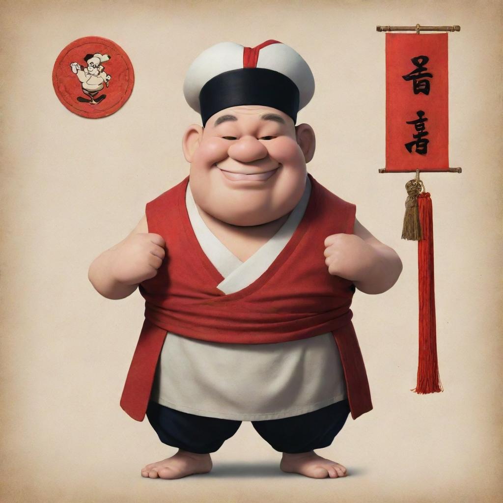 Pilon from the Popeye series depicted in a distinct Chinese style, incorporating traditional clothing and elements of Chinese art.