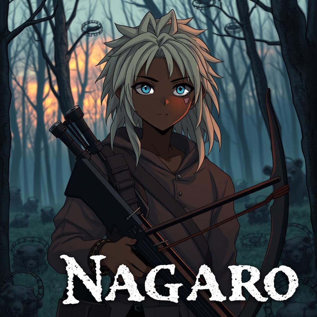 A dark anime cover titled "Nagaro" featuring a male hunter with brown skin