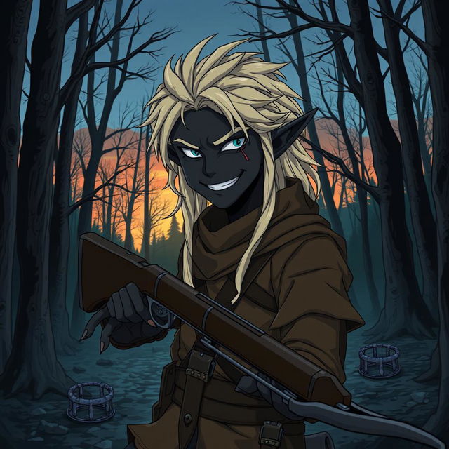 A dark anime cover titled "Nagaro" featuring a black-skinned male elf hunter with an evil smile