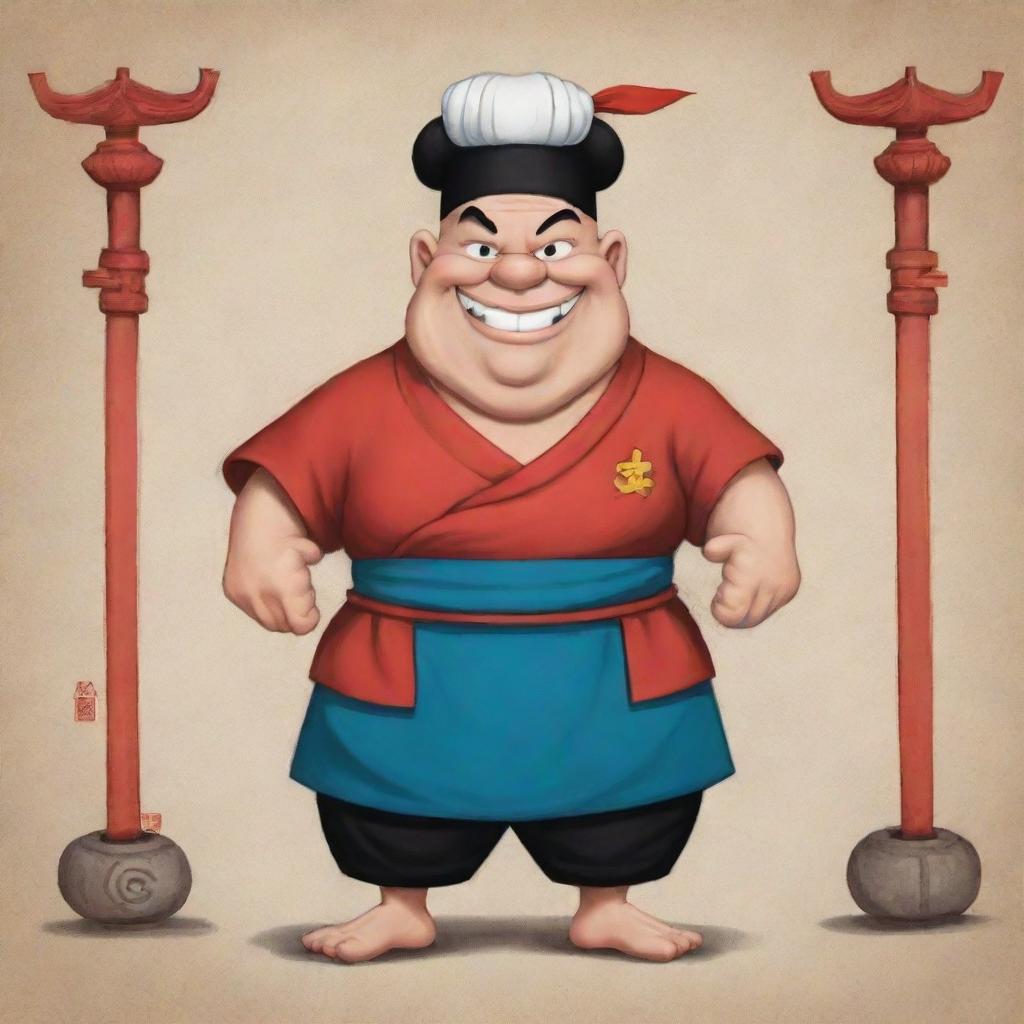 Pilon from the Popeye series depicted in a distinct Chinese style, incorporating traditional clothing and elements of Chinese art.