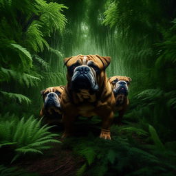 Menacing bulldogs with red eyes and mean faces, standing assertively amidst the dense greenery of a forest.