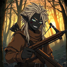 A dark anime cover titled "Nagaro" featuring a black-skinned male elf hunter with an evil smile