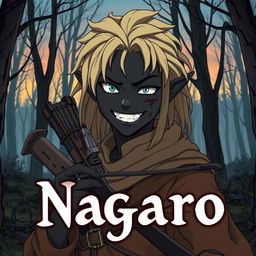 A dark anime cover titled "Nagaro" featuring a black-skinned male elf hunter with an evil smile