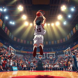 An incredibly visually appealing cinematic scene inspired by the anime 'Slam Dunk'