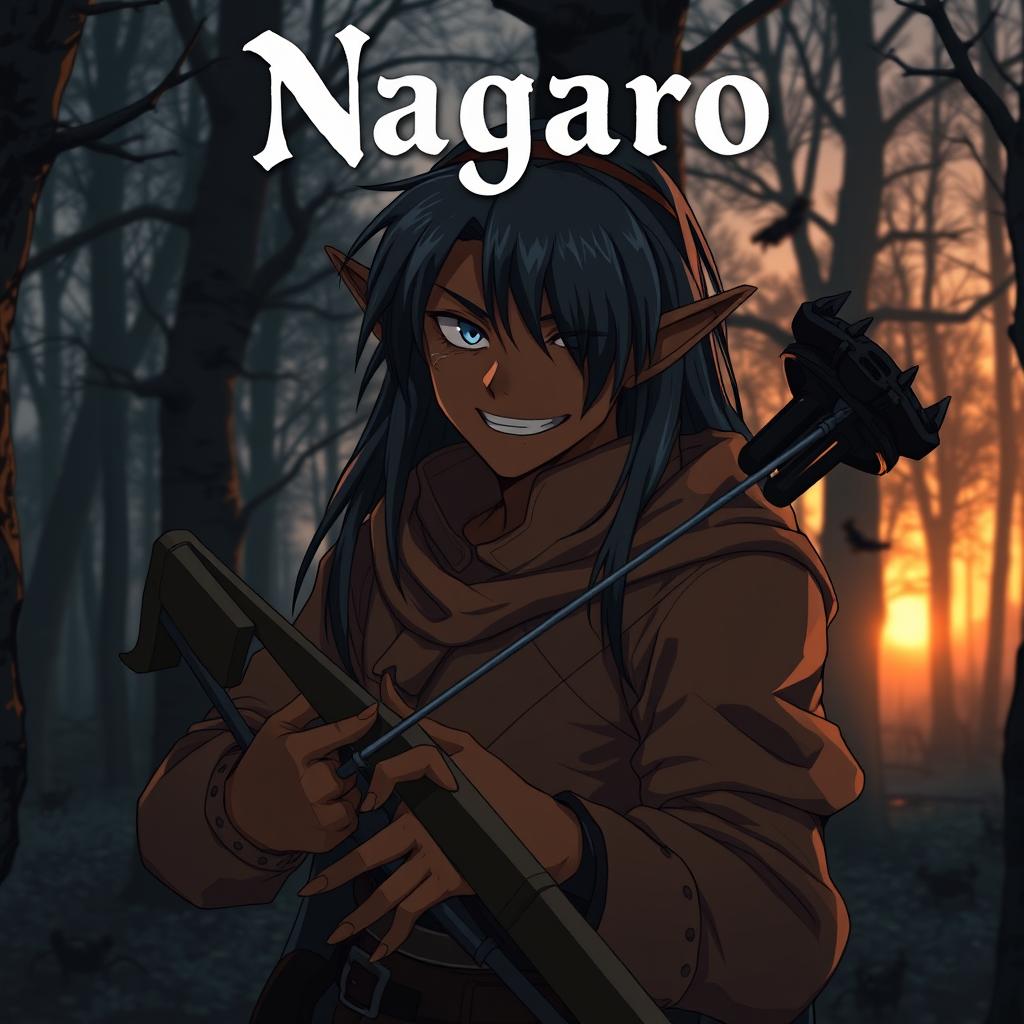 A dark anime cover titled "Nagaro" featuring an adult black-skinned male elf hunter with an evil smile