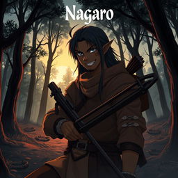 A dark anime cover titled "Nagaro" featuring an adult black-skinned male elf hunter with an evil smile