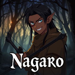 A dark anime cover titled "Nagaro" featuring an adult black-skinned male elf hunter with an evil smile