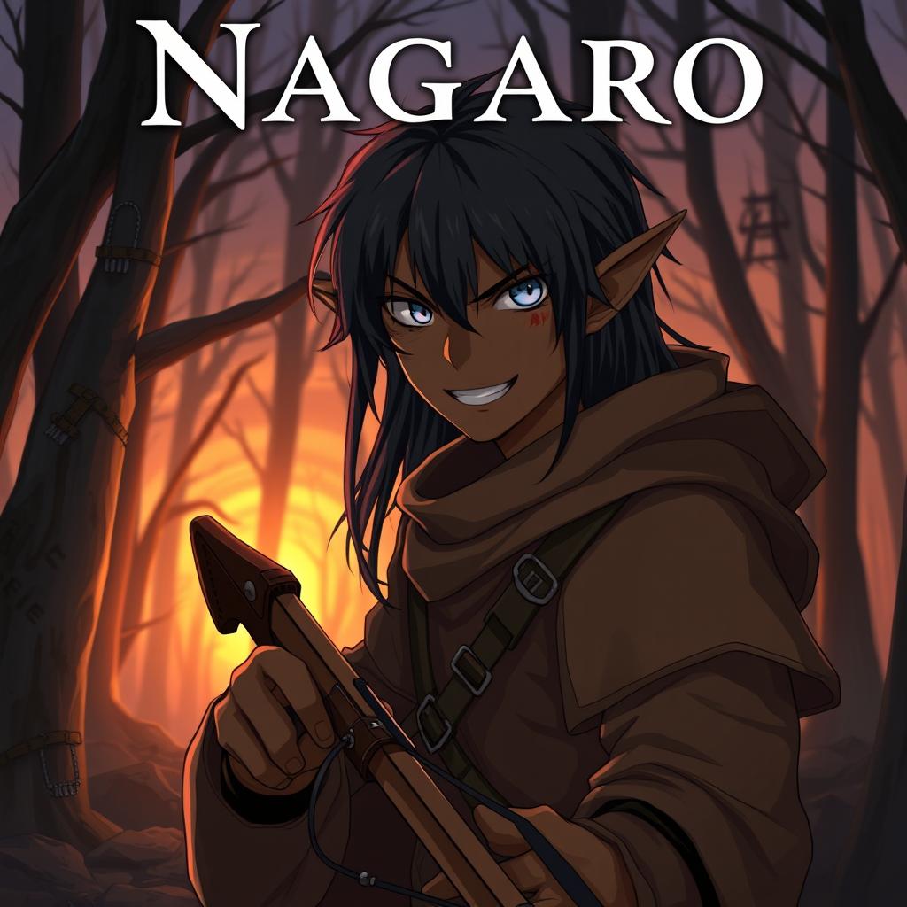 A dark anime cover titled "Nagaro" featuring an adult black-skinned male elf hunter with an evil smile