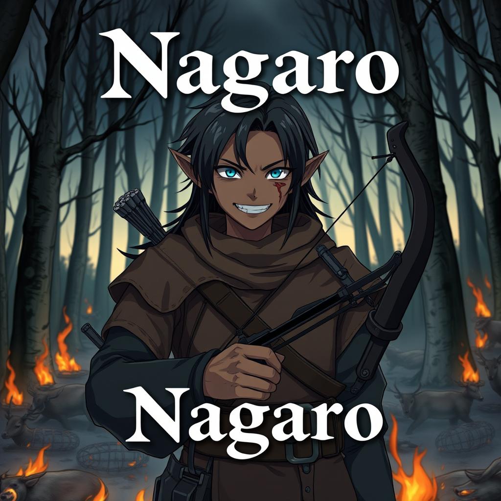 A dark anime cover titled "Nagaro" featuring an adult black-skinned male elf hunter with an evil smile