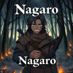 A dark anime cover titled "Nagaro" featuring an adult black-skinned male elf hunter with an evil smile