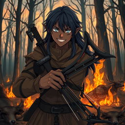 A dark anime cover titled "Nagaro" featuring an adult black-skinned male elf hunter with an evil smile