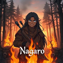 A dark anime cover titled "Nagaro" featuring an adult black-skinned male elf hunter with an evil smile