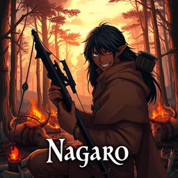 A dark anime cover titled "Nagaro" featuring an adult black-skinned male elf hunter with an evil smile