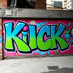 A vibrant urban graffiti mural featuring the word 'KICK' in bold, eye-catching colors