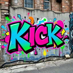 A vibrant urban graffiti mural featuring the word 'KICK' in bold, eye-catching colors