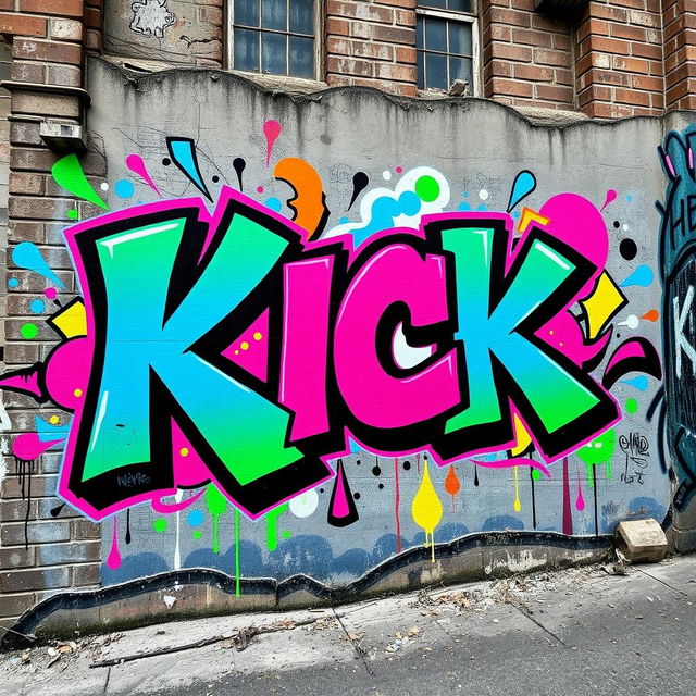 A vibrant urban graffiti mural featuring the word 'KICK' in bold, eye-catching colors