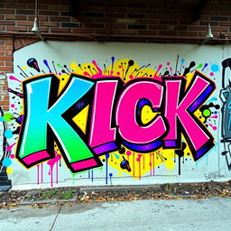 A vibrant urban graffiti mural featuring the word 'KICK' in bold, eye-catching colors