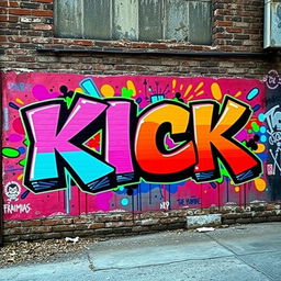 A vibrant urban graffiti mural featuring the word 'KICK' in bold, eye-catching colors