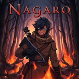 A dark anime cover titled "Nagaro" featuring an adult black-skinned male elf hunter with an evil smile